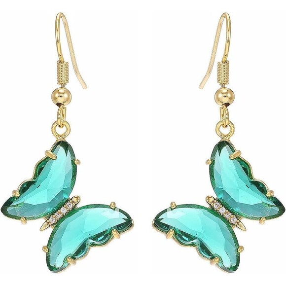 CZ Butterfly Glass Drop Dangle Earrings Sterling Silver Zirconia Gold Plated - Picture 5 of 5